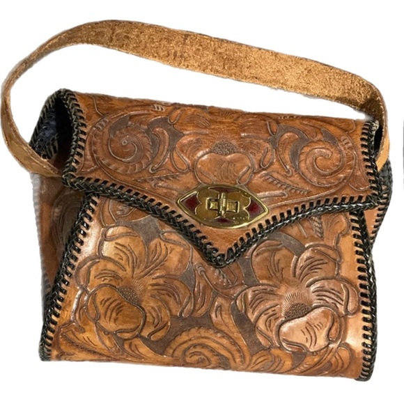 Folk Art Mexican Hand Tooled Leather Handbag Purse Tan Leather Gold Boho - Picture 1 of 15